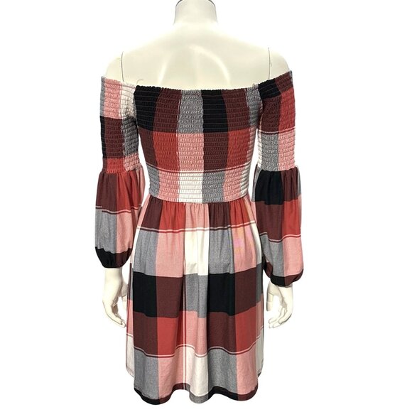 205 Collins Red Plaid Smocked Off Shoulder Flare Mini Dress Cottagecore Westernn - Picture 5 of 12